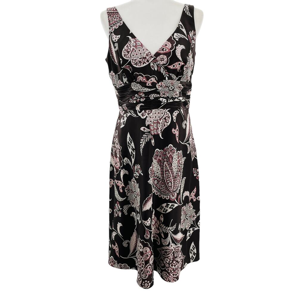 Ann Taylor Brown Silk Floral Sleeveless V-neck Fit & Flare Dress Women Sz 8
